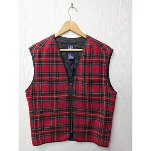 Vintage GAP Red Plaid Tartan Quilted Holiday Vest Full Zip Oversized Size XS